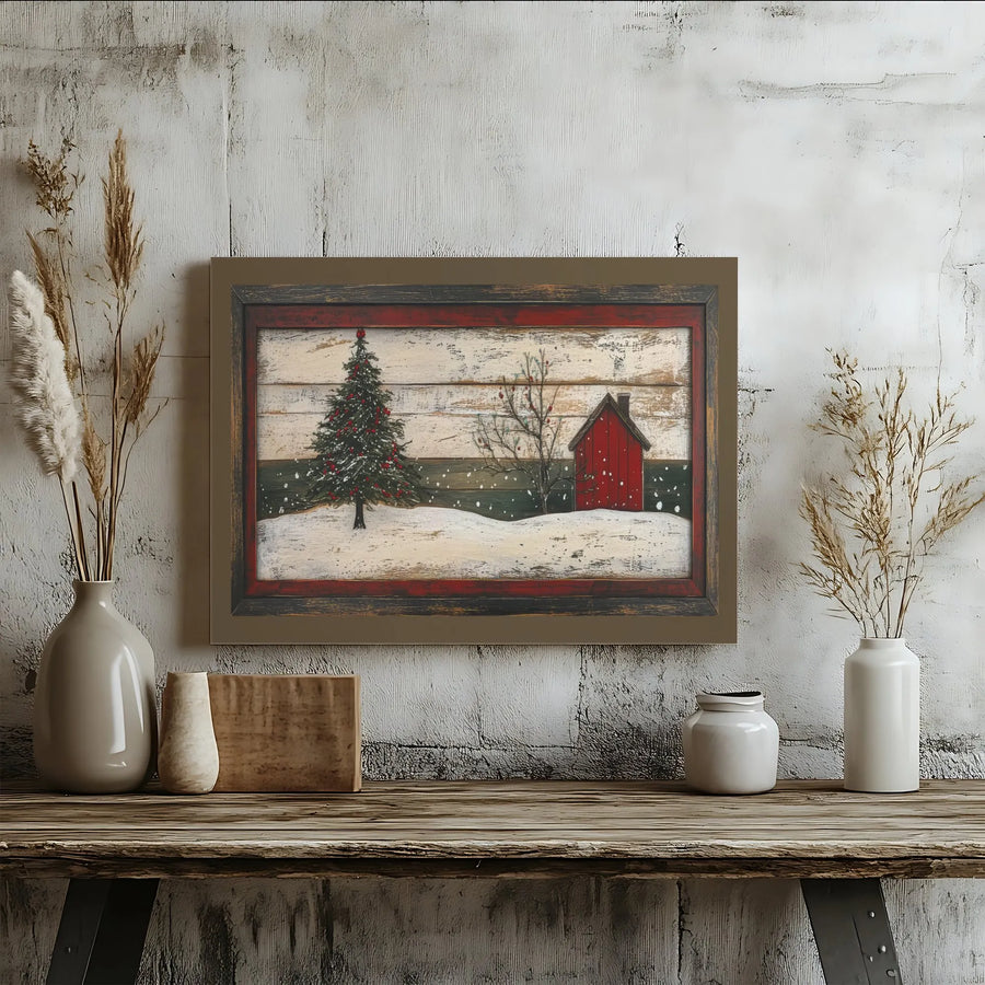 Rustic Red Barn Winter Canvas Wall Art | Snowy Christmas Tree Print | Gallery-Quality 1.25" Profile | Holiday Farmhouse Home Decor Gift