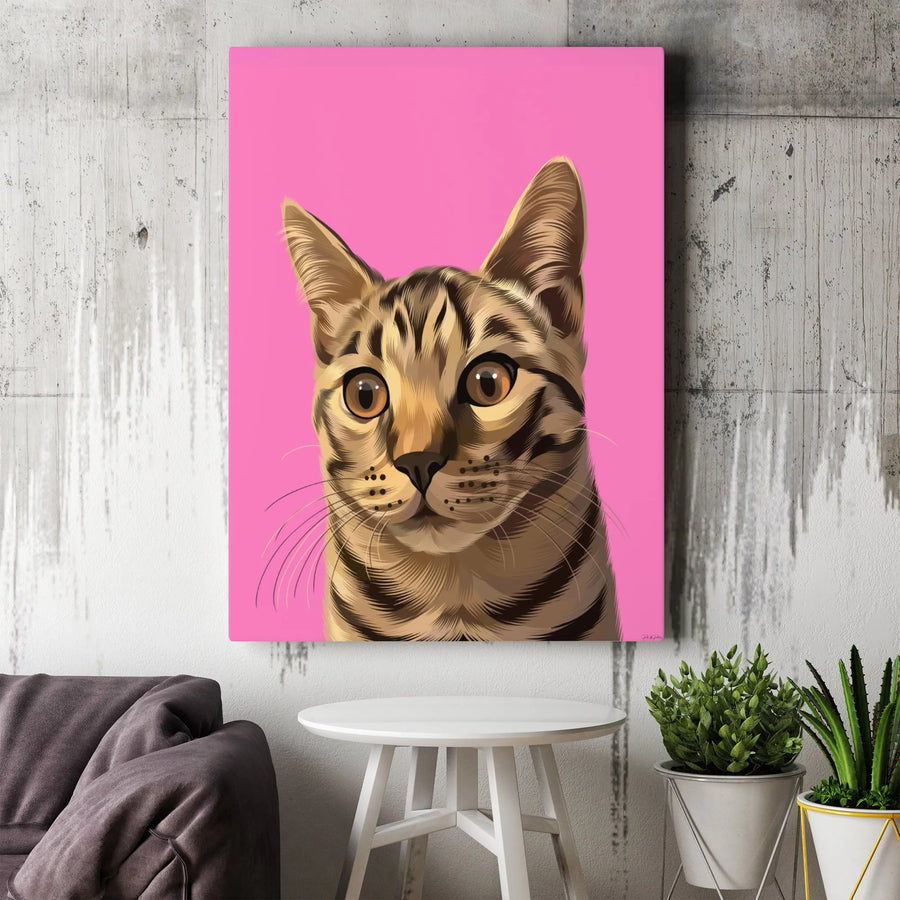 Pop Art Tabby Cat Vertical Canvas | Modern Pet Portrait on Pink | Premium 1.25" Thick Gallery Wrap | Collector's Gift for Cat Lovers