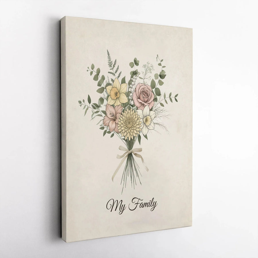 Family Flower Bouquet Canvas Print | Vintage Botanical Illustration | Premium 1.25" Thick Gallery Wrap | Meaningful Family Home Decor Gift