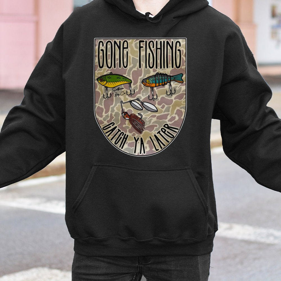 Gone Fishing Hoodie | Camo Fishing Lure Graphic Print | Premium Cotton Blend Sweatshirt | Southern Style Gift for Fishermen and Outdoor Lovers