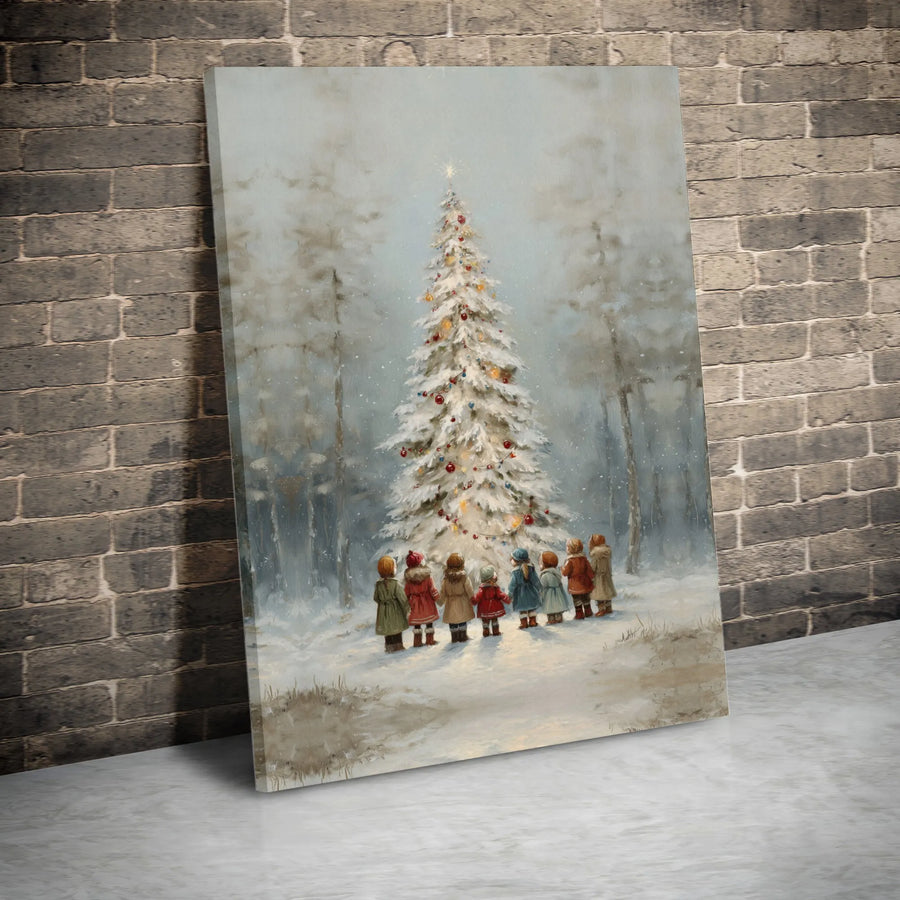 Vintage Christmas Tree Canvas Print | Children in Snow Painting | Premium Gallery Wrap Wall Art | Nostalgic Holiday Home Decor Gift