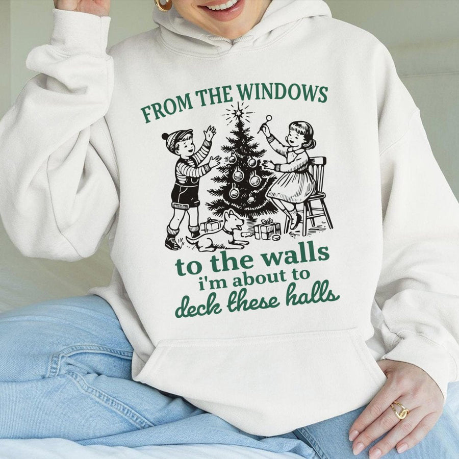 Funny Christmas Hoodie | Retro Holiday Deck The Halls Rap Lyric Graphic | Cotton Blend Unisex Sweatshirt | Gift For Christmas Party Lovers