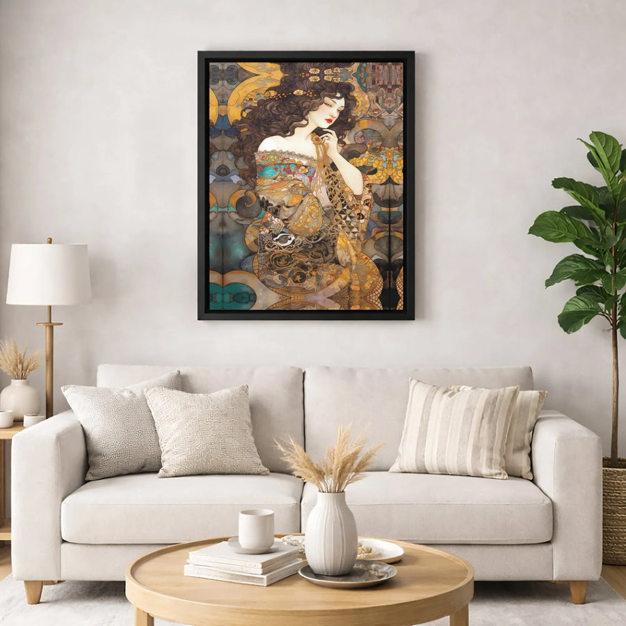 Art Nouveau Woman Portrait Canvas | Elegant Gold Floral Wall Art | Premium Gallery Wrapped Print | Sophisticated Home Decor Gift