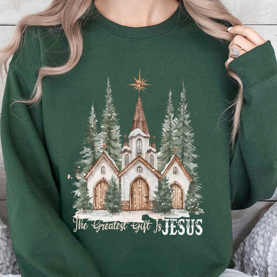 The Greatest Gift Is Jesus Sweatshirt | Religious Christmas Church Graphic | Cotton Blend Premium Crewneck | Christian Holiday Faith Gift for Her