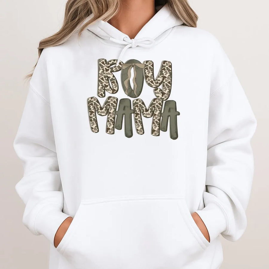 Boy Mama Hoodie | Camo Lettering with Bow Graphic | Soft Cotton Tee | Trendy Western Style Gift for Mom