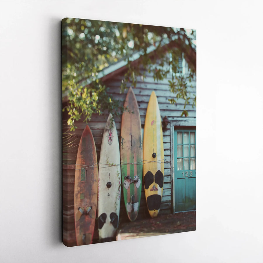 Vintage Surfboard Canvas Wall Art | Retro Surf Shack Photography Print | Premium Thick Gallery Wrap | Gift for Surfer & Beach Lover