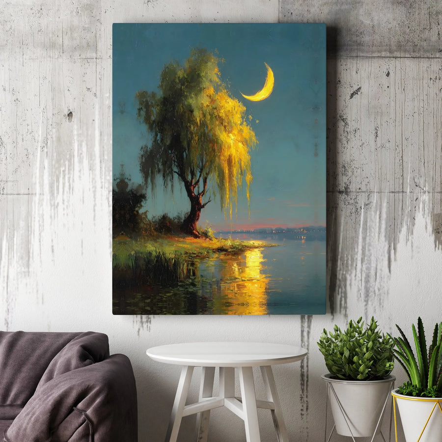 Weeping Willow Canvas Wall Art | Golden Crescent Moon Lake Scenery | Premium Gallery Wrap Print | Serene Nature Home Decor Gift