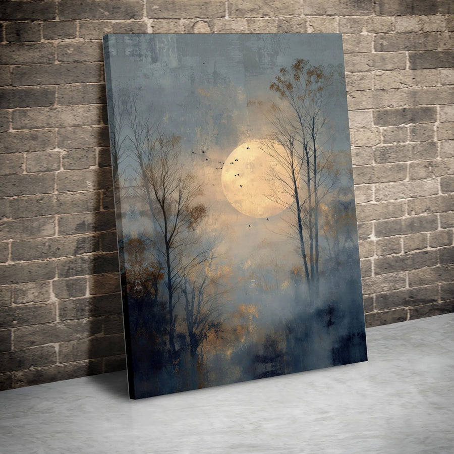 Misty Forest Moon Canvas Wall Art | Atmospheric Landscape Print with Flying Birds | 1.25 Inch Gallery Wrap | Modern Home Decor Gift
