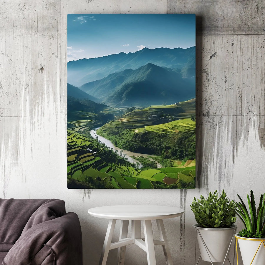 Terraced Rice Paddy Canvas Wall Art | Lush Vietnam Mountain Valley Landscape | Premium Gallery Wrap Print | Nature Home Decor Gift