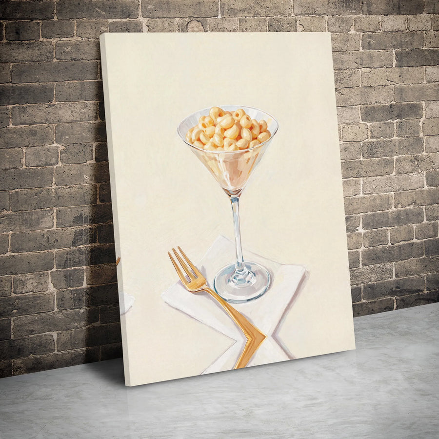 Macaroni And Cheese Martini Glass Canvas Wall Art | Surreal Foodie Still Life Painting | Premium Gallery Wrapped Decor | Unique Kitchen Dining Room Gift