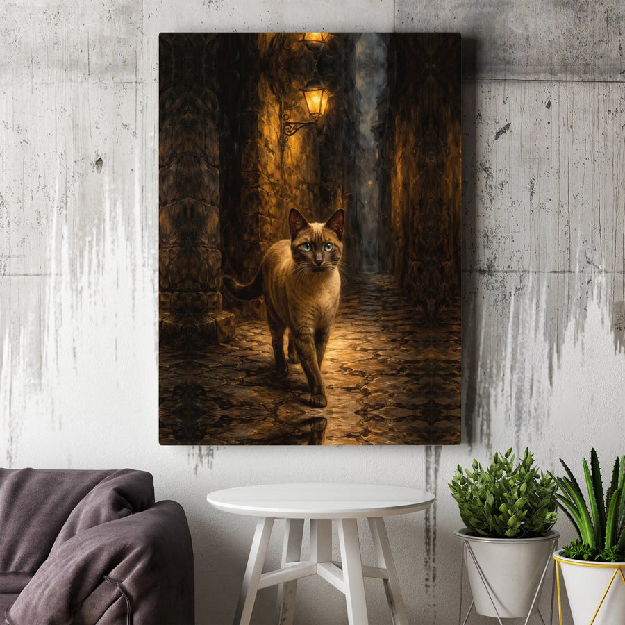 Mysterious Cat Canvas Print | Cat in Lamplit Cobblestone Alley | Premium Gallery Wrap Wall Art | Home Decor Gift for Cat Lover