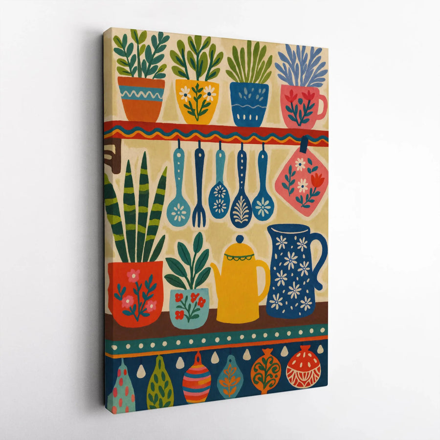Folk Art Kitchen Wall Art | Colorful Potted Plants and Utensils Illustration | Premium Gallery Wrap Canvas | Whimsical Home Decor Gift