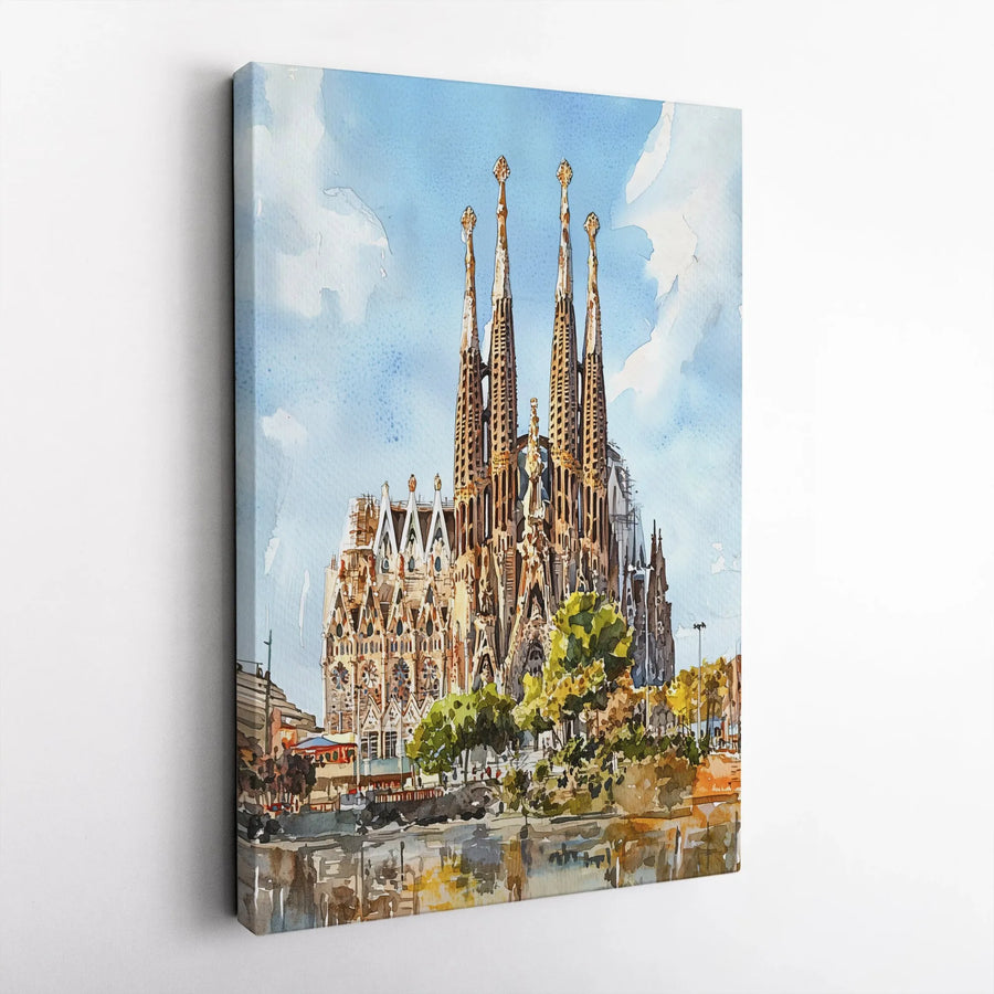 Sagrada Familia Canvas Wall Art | Barcelona Cathedral Watercolor Print | Gallery Quality 1.25" Profile | Travel Home Decor Gift for Travelers