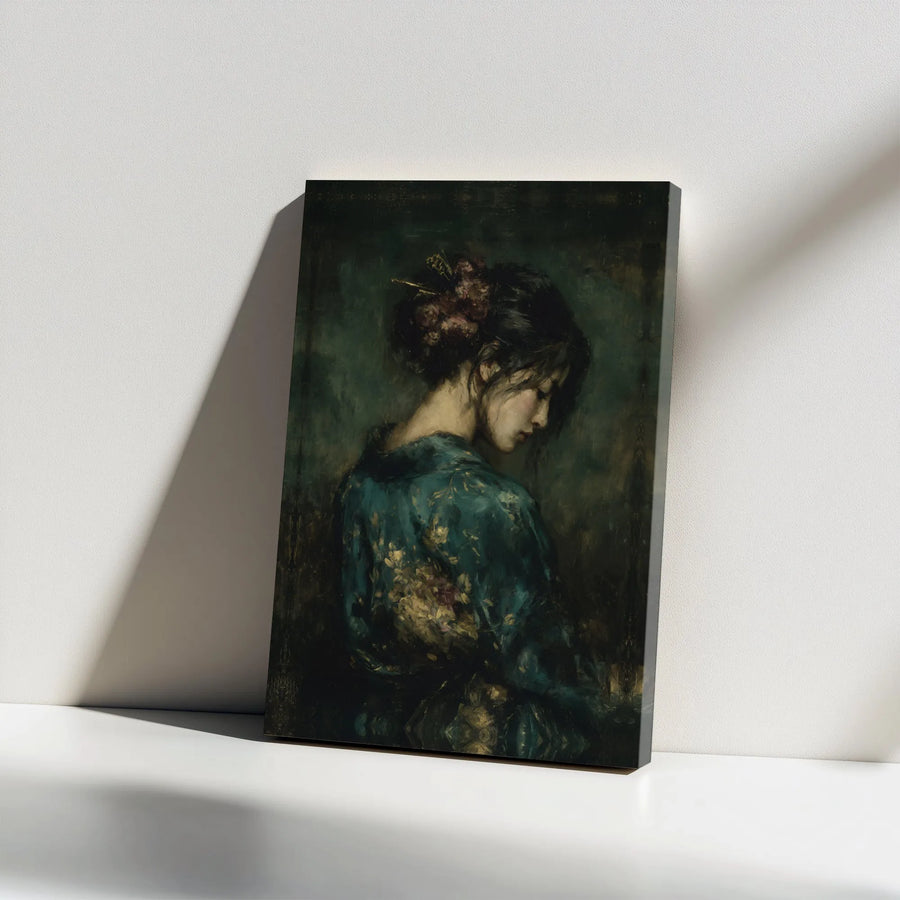 Japanese Woman Canvas Art | Moody Floral Kimono Portrait | Gallery Wrap Premium Print | Elegant Home Decor Gift