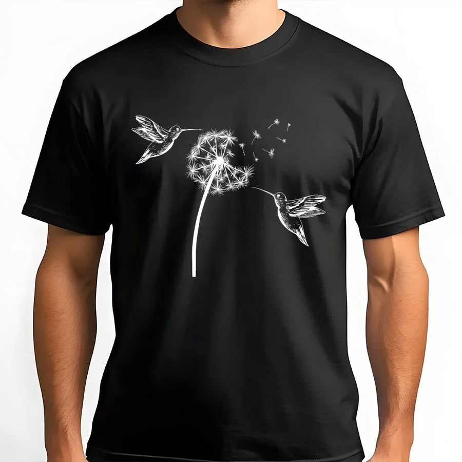 Hummingbird Dandelion T-Shirt | Artistic Nature Floral Graphic Tee | Premium 100% Cotton Comfort | Unique Gift for Bird Lovers & Gardeners