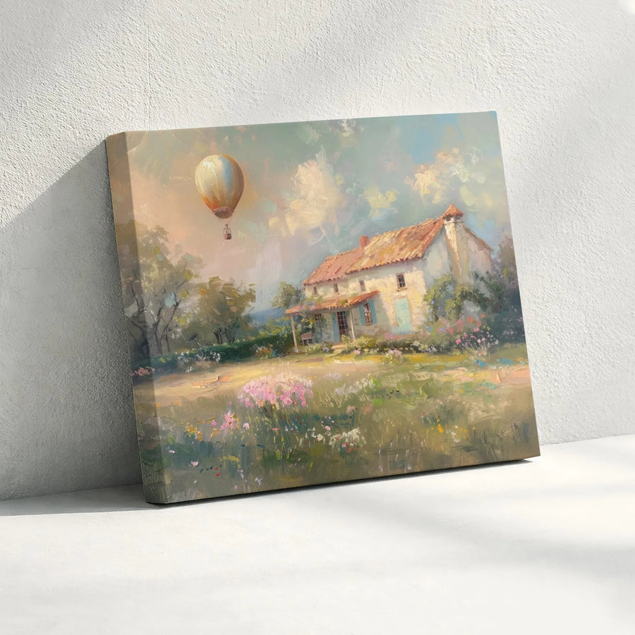 French Countryside Canvas Print | Impressionist Cottage Hot Air Balloon Landscape | Premium Gallery Wrapped Wall Art | Farmhouse Home Decor Gift