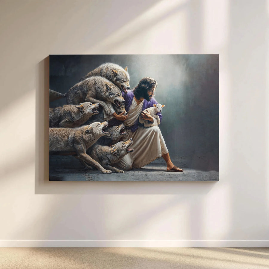 Jesus Protecting Lamb From Wolves Canvas | Religious Wall Art | Premium Gallery Wrap Print | Faithful Home Decor Gift for Believers
