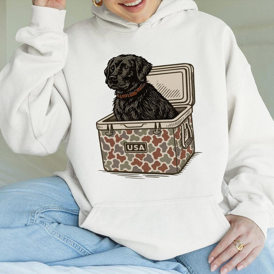 Black Labrador Hoodie | Hunting Dog In USA Camo Cooler Graphic | Premium Cotton Blend Sweatshirt | Gift for Dog Mom Dad Outdoors Lover