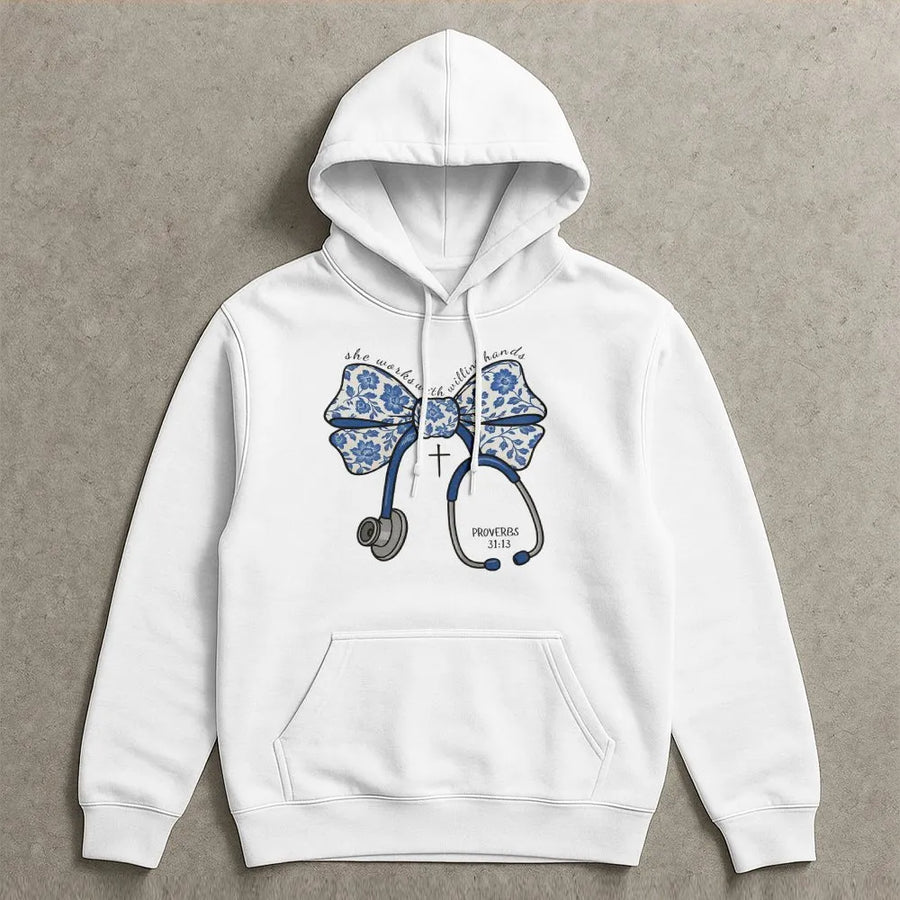 Christian Nurse Hoodie | Proverbs 31 She Works With Willing Hands | Soft Cotton Faith Top | Nurse Appreciation Week Gift for Her