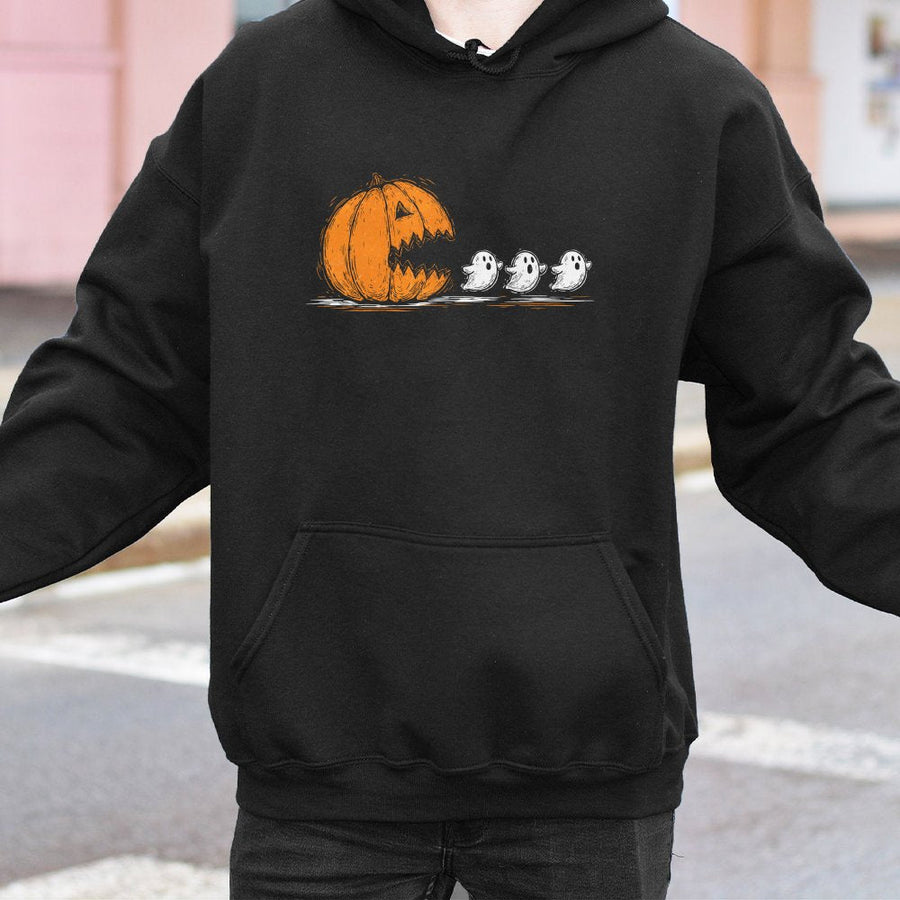 Funny Halloween Hoodie | Pumpkin Chasing Cute Ghosts Graphic | Soft Cotton Blend Pullover | Spooky Season Gift For Adults