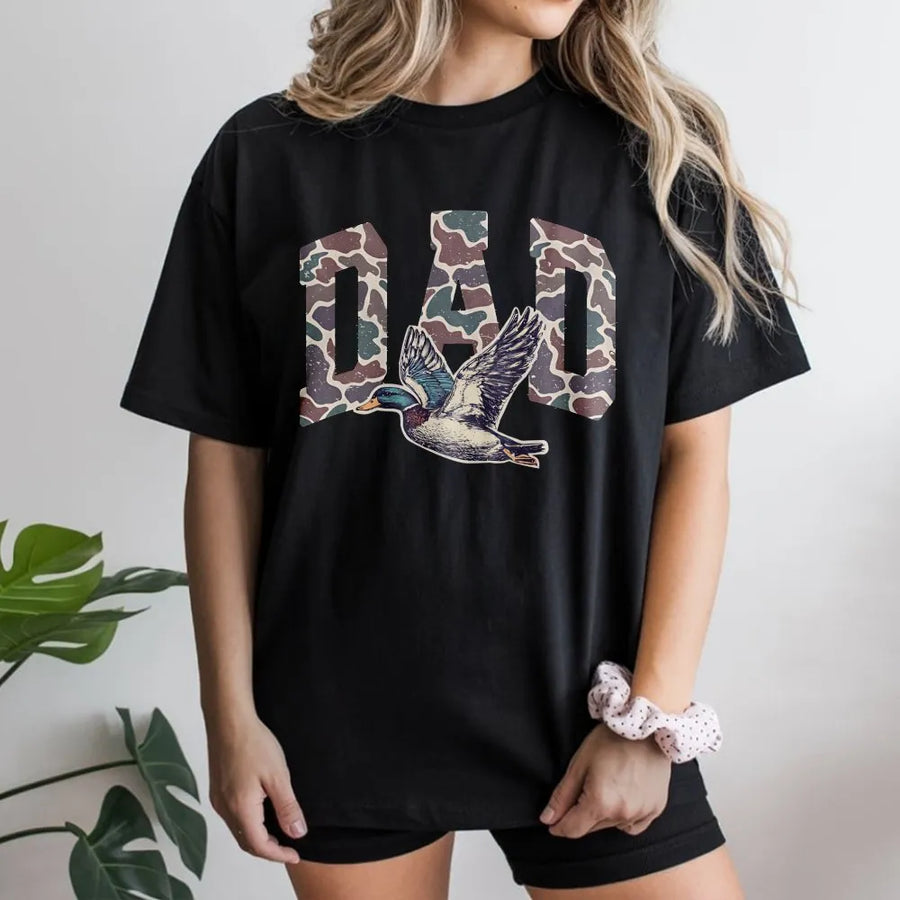 Camo Dad T-Shirt | Flying Mallard Duck Hunting Graphic | Premium Soft Cotton | Perfect Gift for Hunters and Outdoorsmen