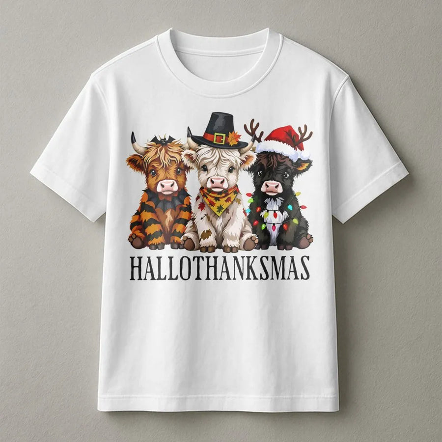 Highland Cow Christmas T-Shirt | Hallothanksmas Cute Holiday Design | Premium Soft Cotton Unisex Tee | Farmhouse Country Style Gift for Women