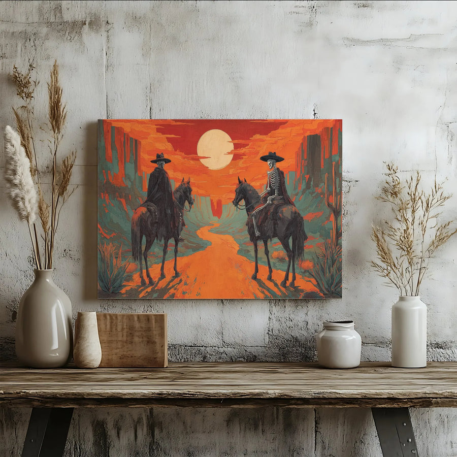 Skeleton Cowboy Canvas Wall Art | Western Desert Sunset Gothic Decor | Premium Gallery-Wrapped Print | Gift for Western Art Enthusiasts