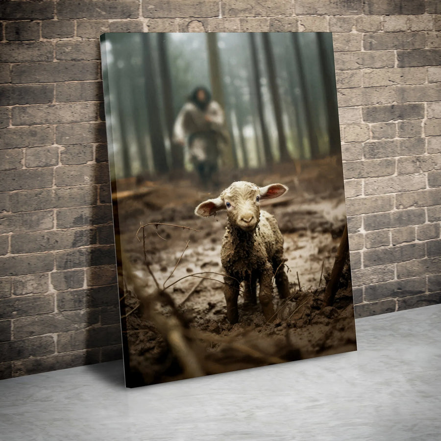 Lost Lamb Canvas Wall Art | Muddy Farm Animal Forest Scene | Premium 1.25 Inch Gallery Wrap | Rustic Country Home Decor Gift
