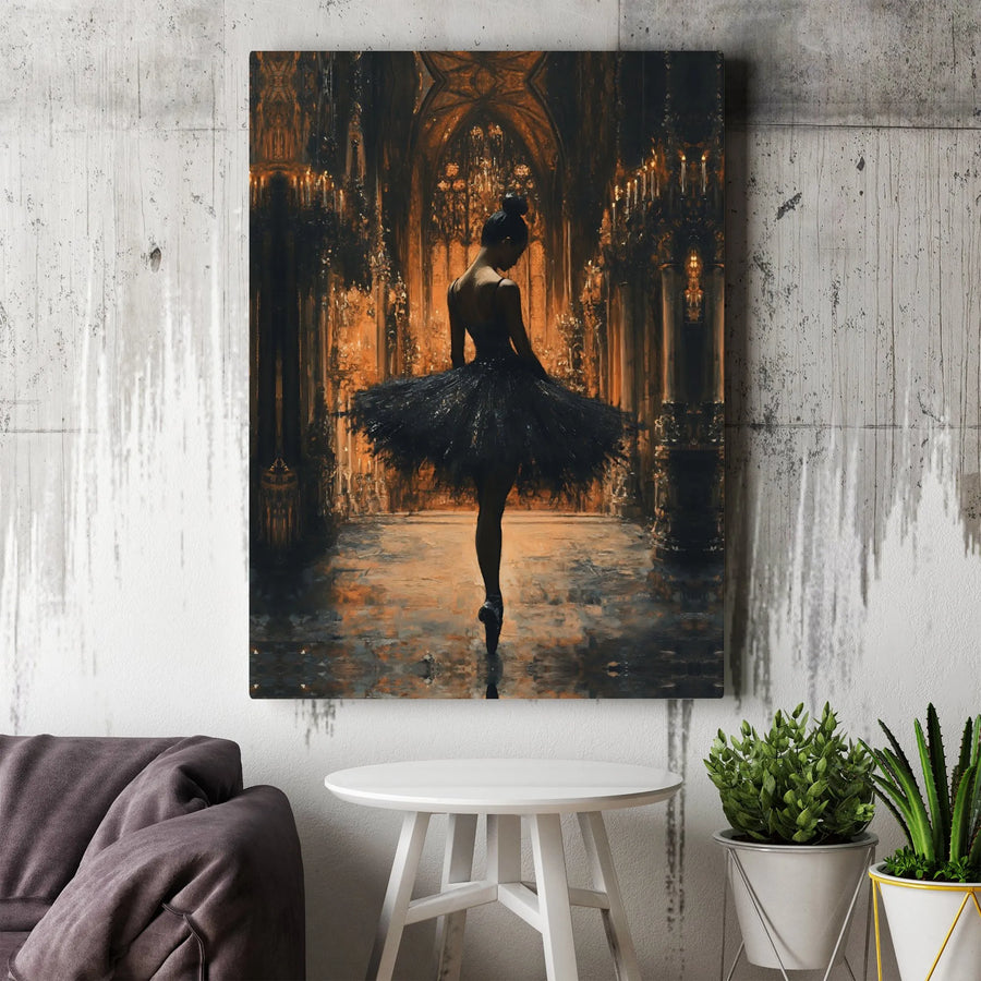 Gothic Ballerina Canvas Wall Art | Dark Academia Ballet Dancer in Palace | Premium Gallery Wrap Print | Elegant Home Decor for Ballet Lovers