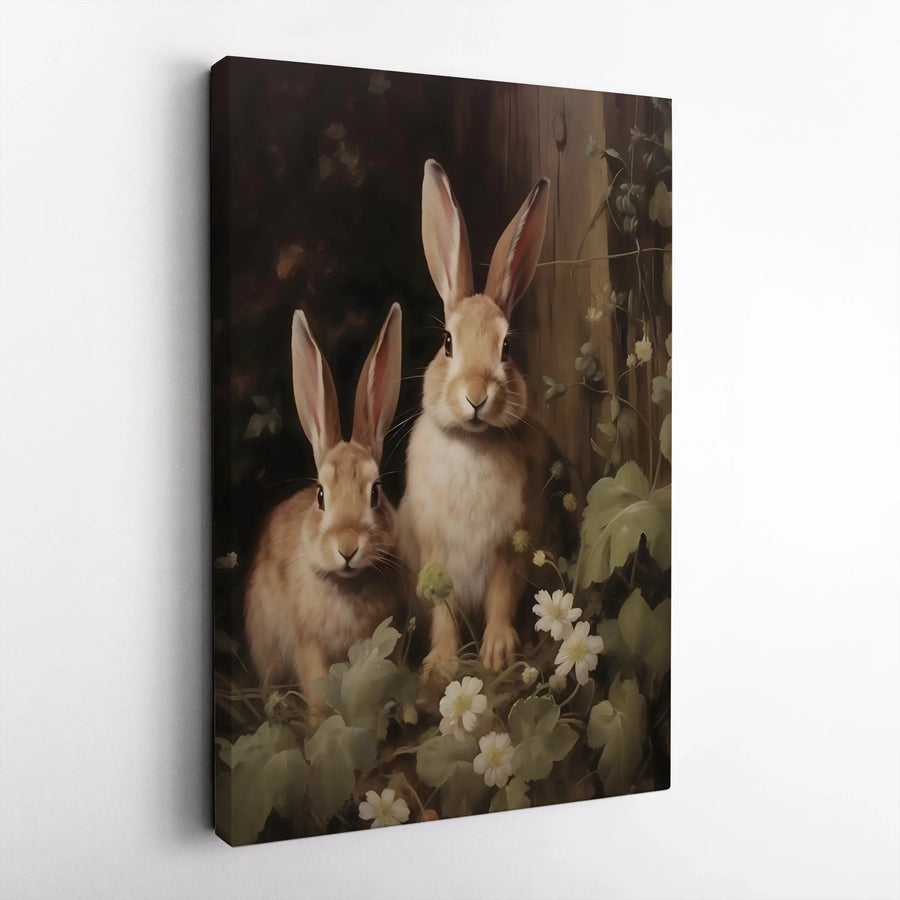 Rabbit Canvas Wall Art | Whimsical Woodland Bunny Pair Painting | Premium Fade-Resistant Gallery Wrap | Charming Farmhouse Home Decor