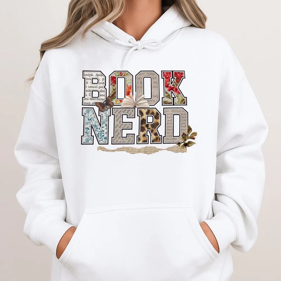 Book Nerd Hoodie | Retro Collage & Floral Letters | Premium Cotton | Gift for Book Lovers, Readers & Librarians