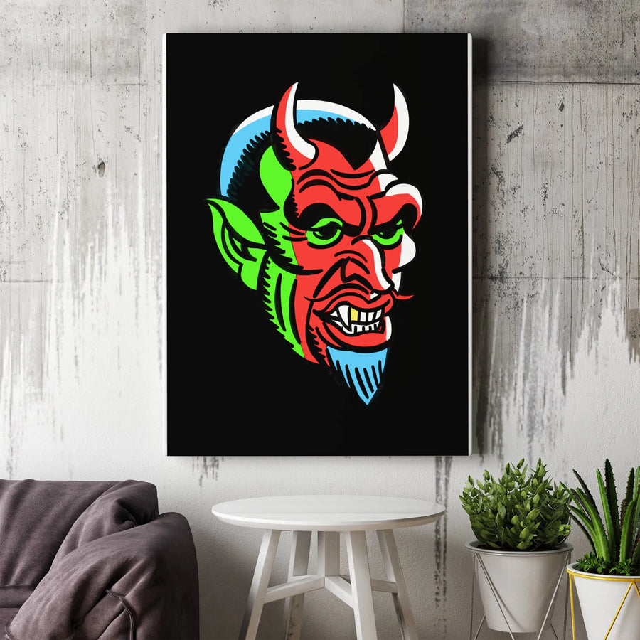 Devil Head Vertical Canvas | Bold Pop Art Demon Illustration | Premium Thick Gallery Wrap Print | Modern Goth Home Decor Gift