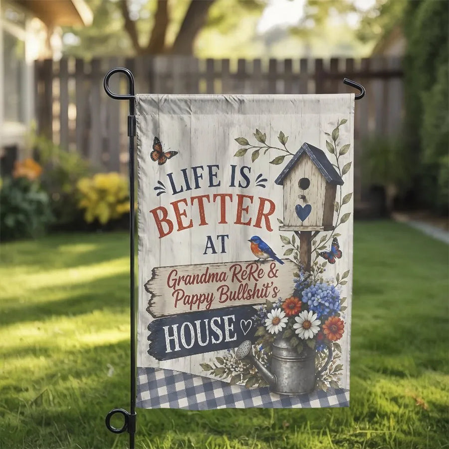 Grandma's House Garden Flag | Rustic Farmhouse Welcome Sign with Birdhouse | Double Sided Weather Resistant Polyester | Unique Gift for Grandparents