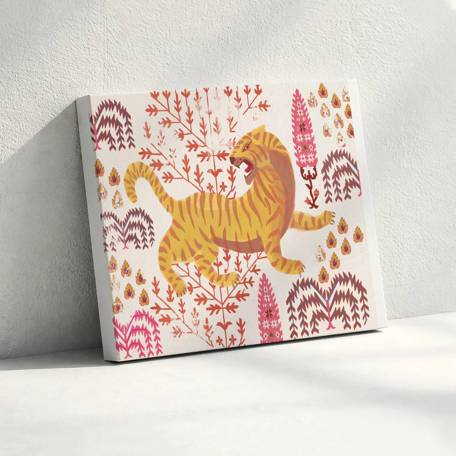 Tibetan Tiger Canvas Wall Art | Vintage Folk Art Illustration | Premium Gallery Wrapped Canvas | Eclectic Bohemian Home Decor Gift