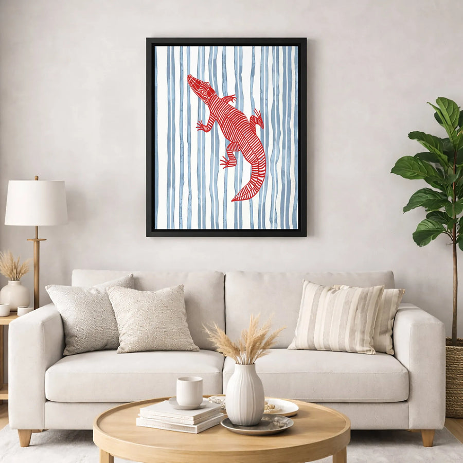 Alligator Wall Art | Abstract Red Gator Print on Blue Striped Background | Premium Gallery-Wrapped Canvas | Modern Wildlife Home Decor Gift