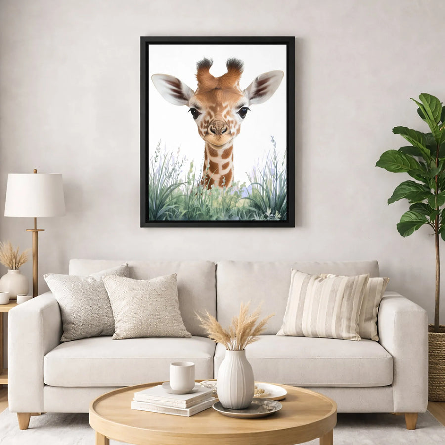 Baby Giraffe Canvas Wall Art | Cute Watercolor Peeking Animal Print | 1.25 Inch Premium Gallery Wrap | Nursery Decor & Safari Gift