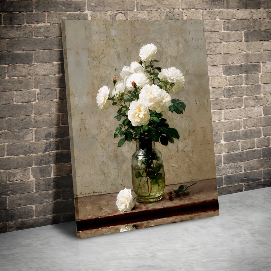 Vintage Floral Canvas Wall Art | White Roses Still Life Painting | Premium Thick Gallery Wrap Canvas | Rustic Farmhouse Living Room Decor Gift