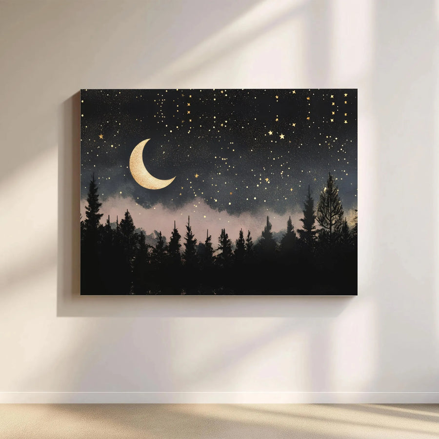 Celestial Night Sky Canvas | Gold Crescent Moon & Pine Forest Wall Art | Gallery Wrapped Premium Print | Boho Bedroom Home Decor Gift