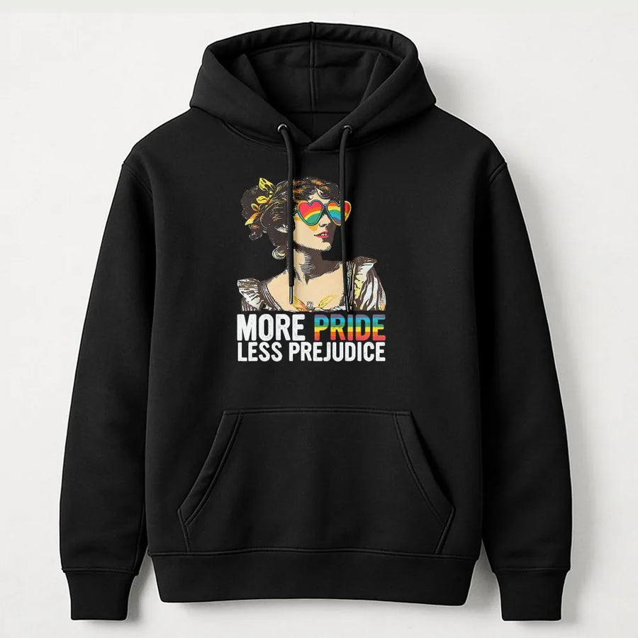 More Pride Less Prejudice Hoodie | Rainbow Heart Sunglasses Art | Cotton-Poly Blend | LGBTQ Pride Month Gift for Ally