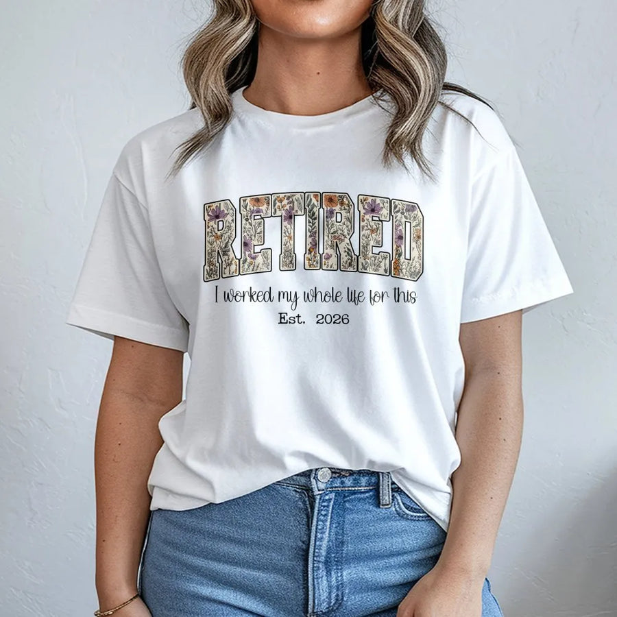 Retired 2026 T-Shirt | Vintage Floral Lettering Design | Premium Cotton Tee | Funny Retirement Party Gift for Women, Coworker