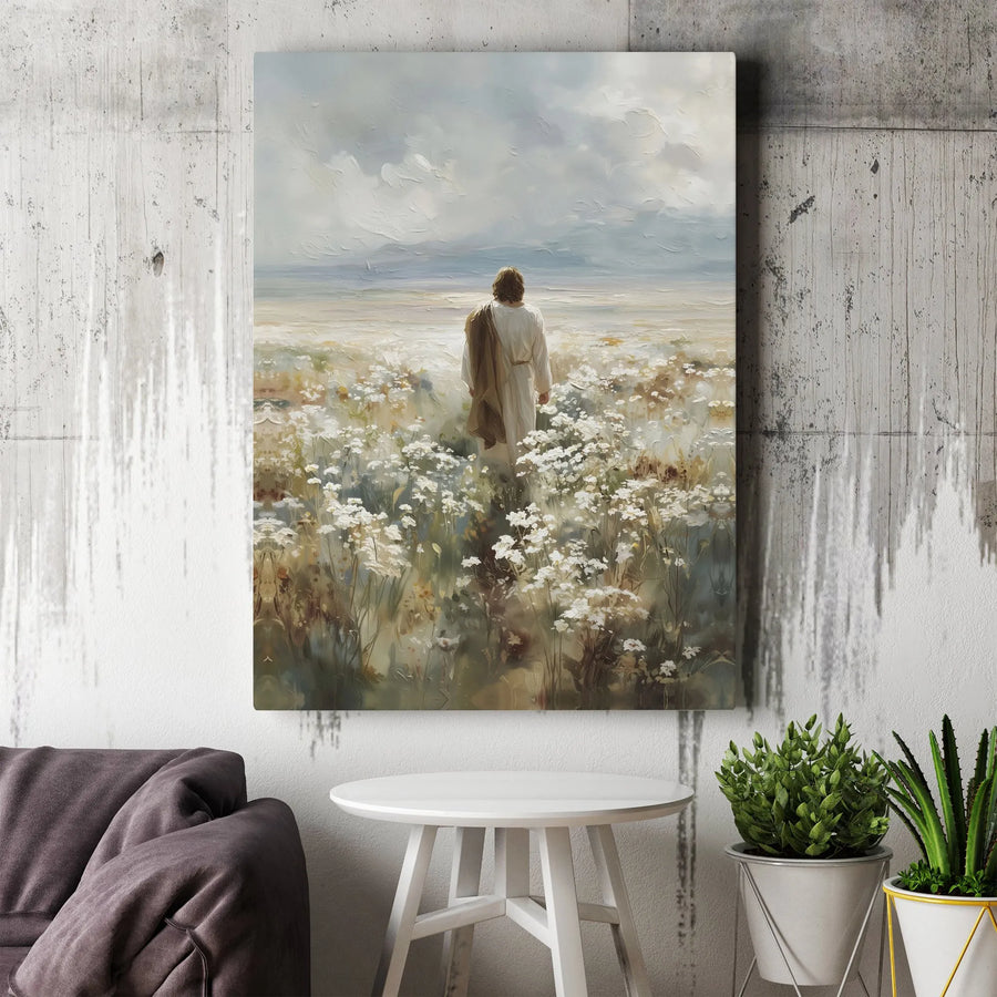 Jesus Canvas Wall Art | Jesus Walking in Field of Flowers Print | Premium Christian Painting | Inspirational Religious Home Decor Gift