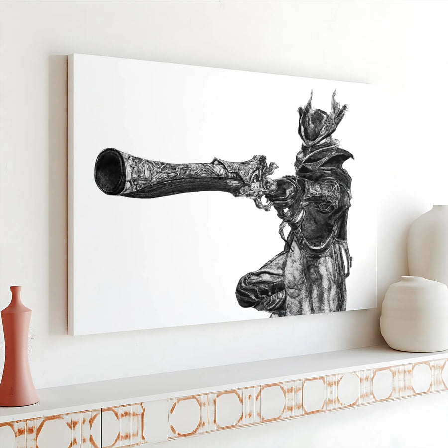 Dark Fantasy Hunter Canvas Art | Detailed Pencil Sketch Blunderbuss | 1.25 Inch Gallery Wrap | Premium Gaming Wall Decor Gift