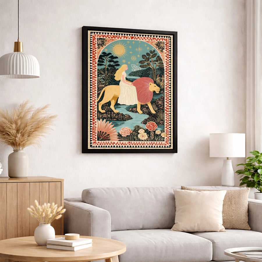 Strength Tarot Card Canvas Wall Art | Whimsical Woman Riding Lion Design | Premium Gallery-Wrapped Print | Spiritual Home Decor Gift