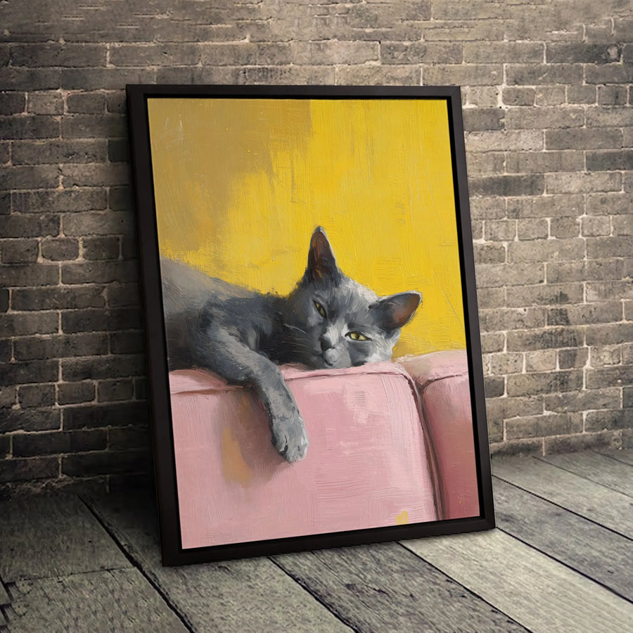 Grey Cat Oil Painting Print | Relaxing Pet Wall Art | 1.25-Inch Premium Gallery Canvas | Aesthetic Home Decor Gift for Cat Lovers