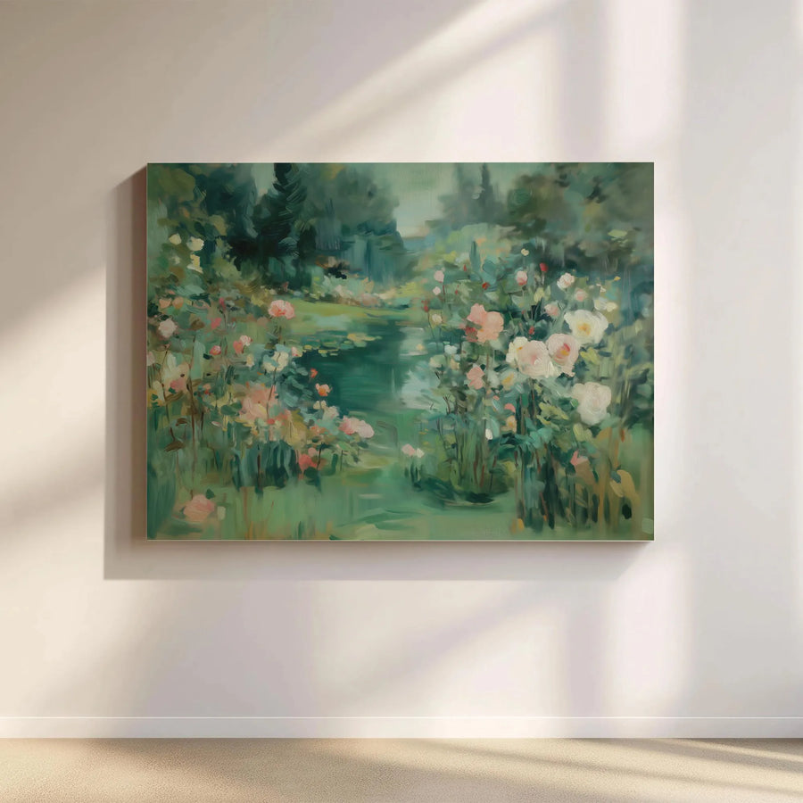 Impressionist Rose Garden Canvas Art | Serene Pond Landscape Print | Gallery-Quality 1.25-Inch Stretched Profile | Home Decor Gift for Nature Lovers