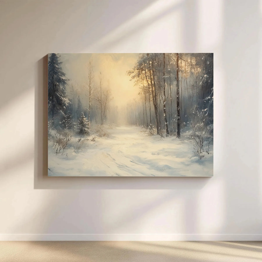Winter Forest Canvas Wall Art | Snowy Path Sunrise Landscape Painting | Premium 1.25-inch Gallery Wrap | Serene Nature Decor for Living Room