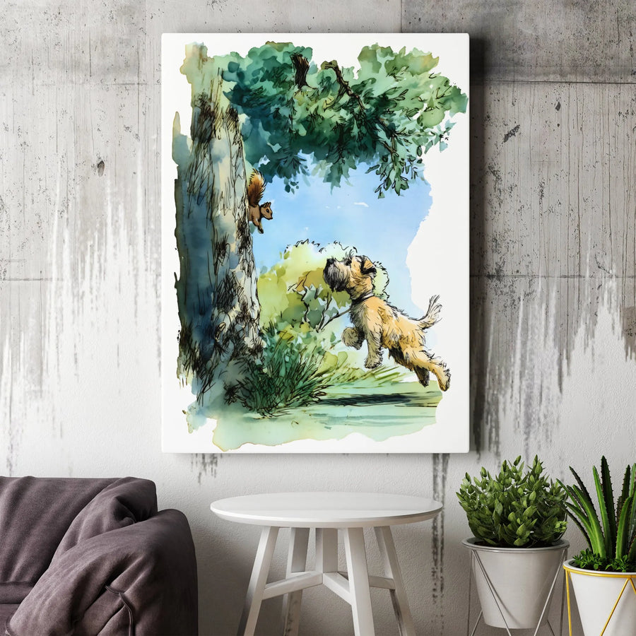 Border Terrier Wall Art | Watercolor Squirrel Chasing Dog Portrait | Premium Gallery Wrapped Canvas | Gift for Dog Lovers