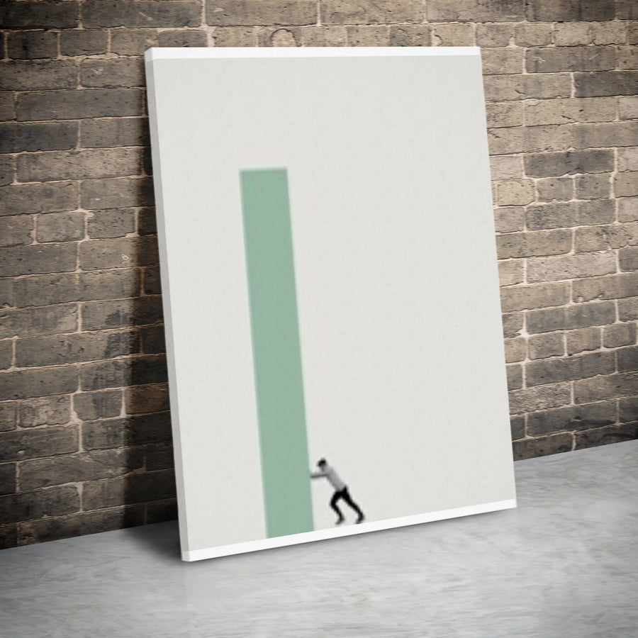 Motivational Canvas Wall Art | Man Pushing Block Minimalist Print | Premium Gallery Wrap | Inspirational Office Decor for Entrepreneurs