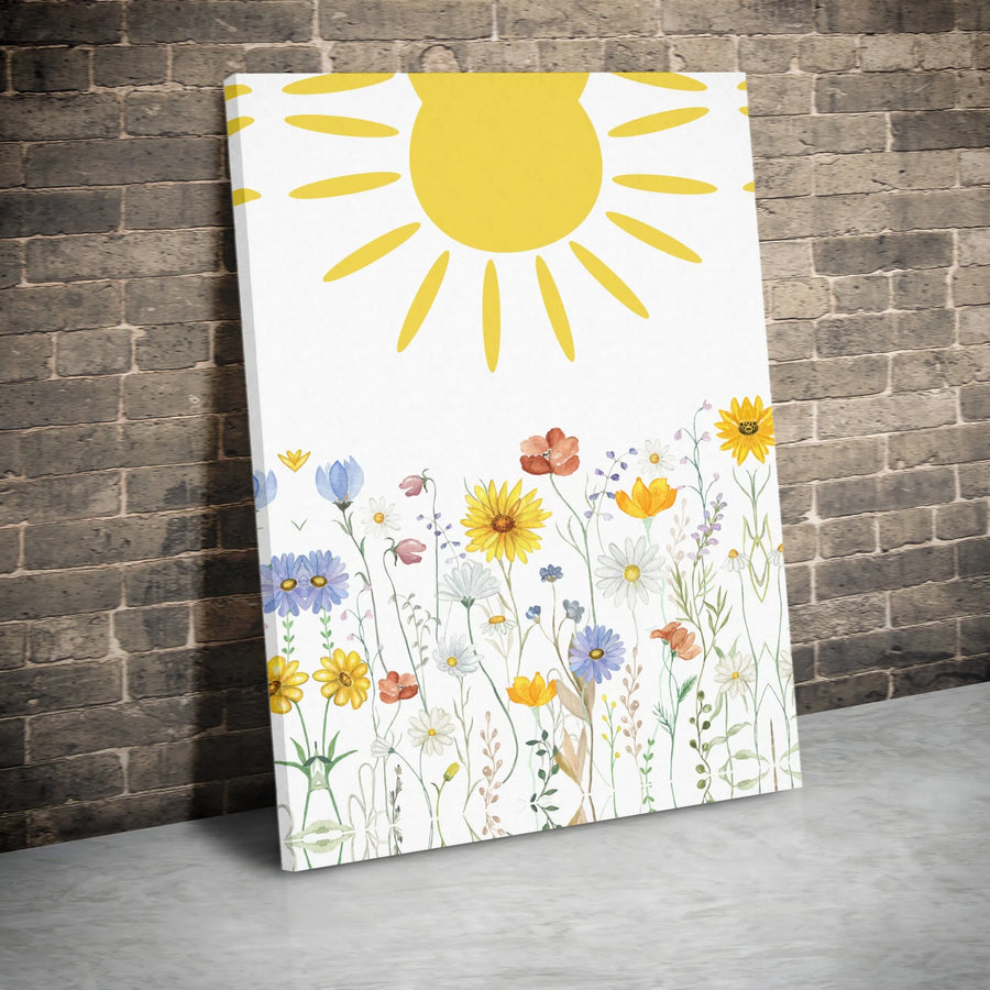 Wildflower Meadow Canvas Wall Art | Watercolor Sunshine and Flowers Print | Premium Gallery Wrapped Canvas | Nursery Decor Gift for Girls Room