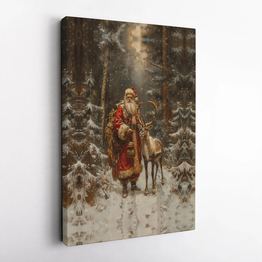 Santa Claus and Reindeer Canvas Print | Snowy Winter Forest Landscape | Premium Fade-Resistant Wall Art | Christmas Holiday Home Decor Gift